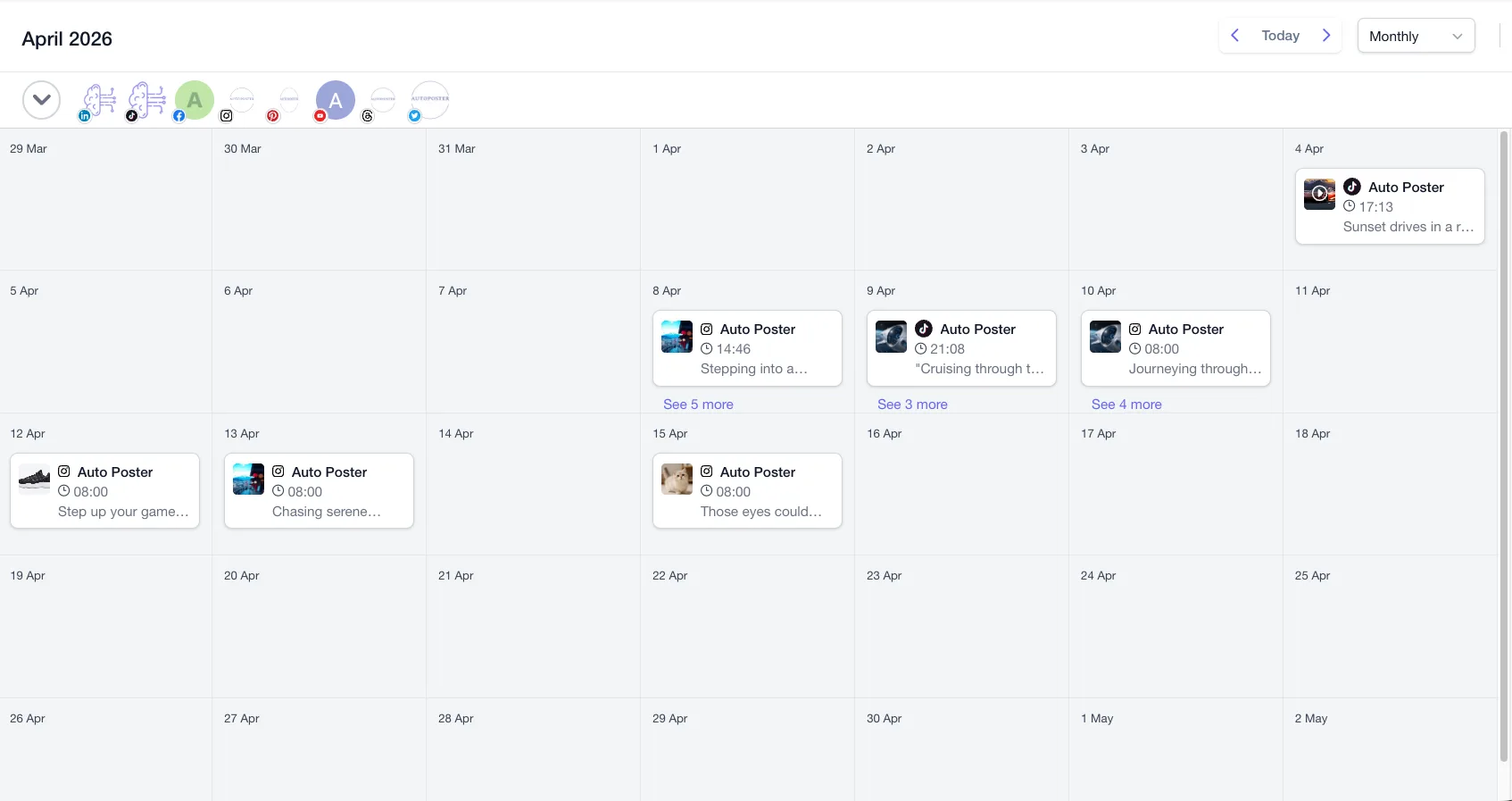 AutoPoster AI content calendar with scheduled posts across networks