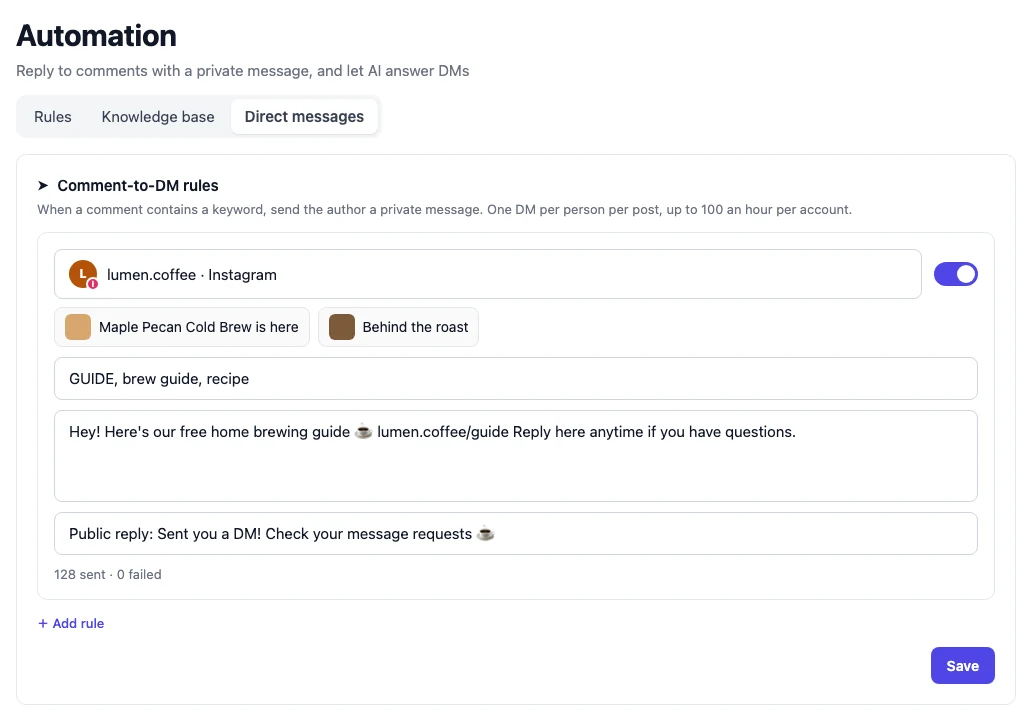 AutoPoster AI comment-to-DM rule with keywords, message and public reply