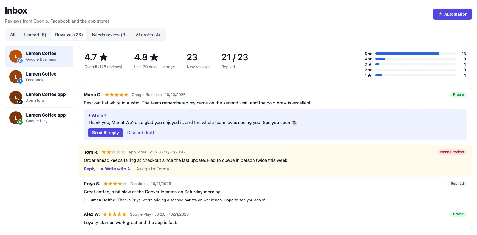 AutoPoster AI review inbox with Google Business, Facebook, App Store and Google Play reviews and ratings