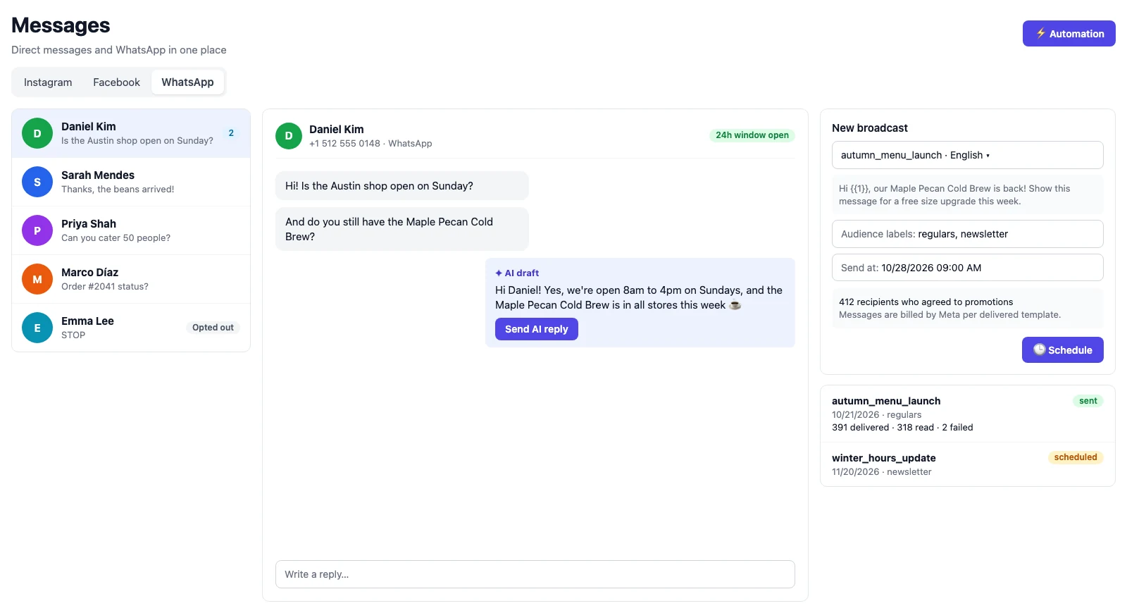 AutoPoster AI WhatsApp conversations and scheduled template broadcasts