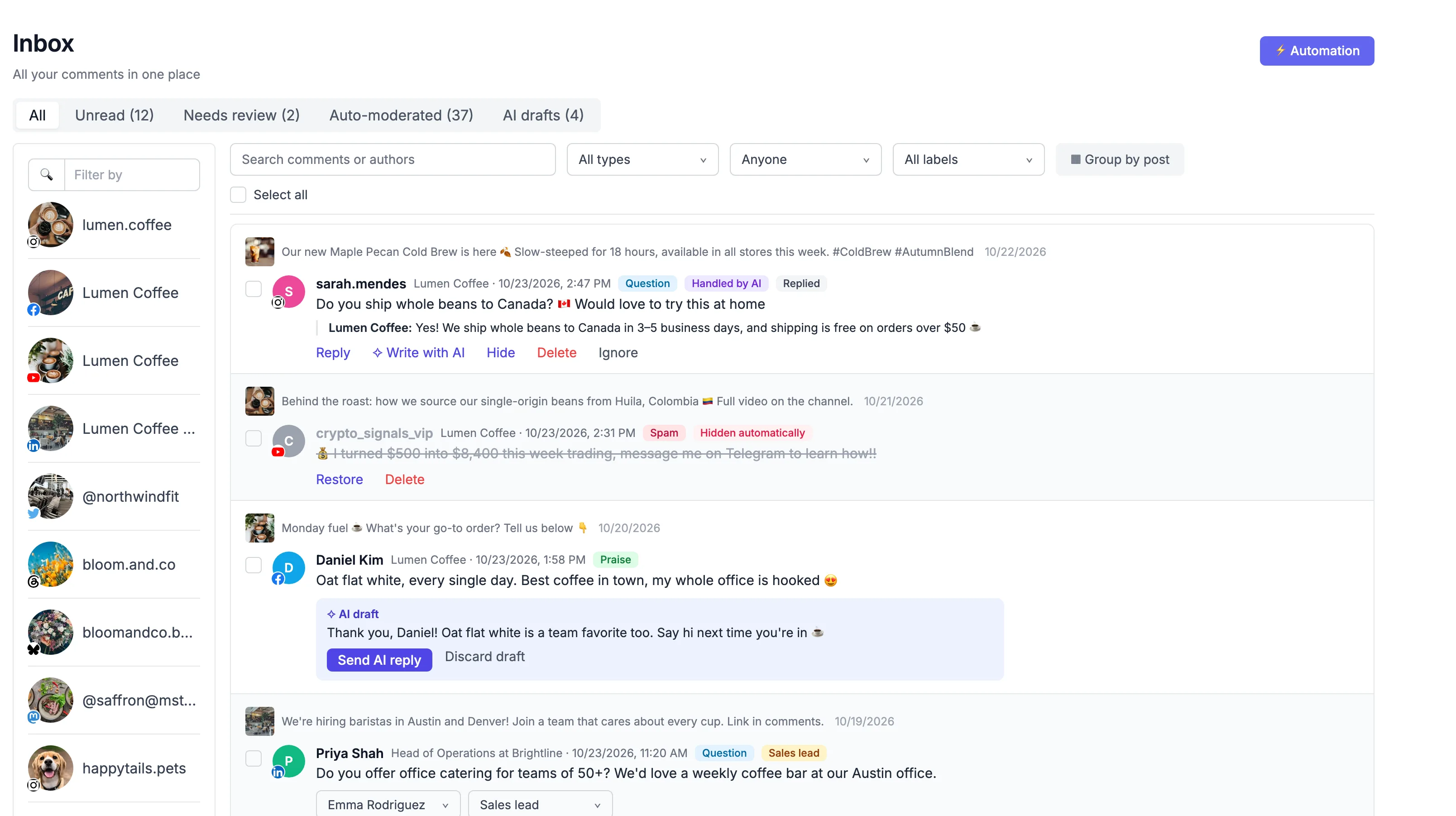 AutoPoster AI inbox with comments, AI drafts and auto-moderated spam